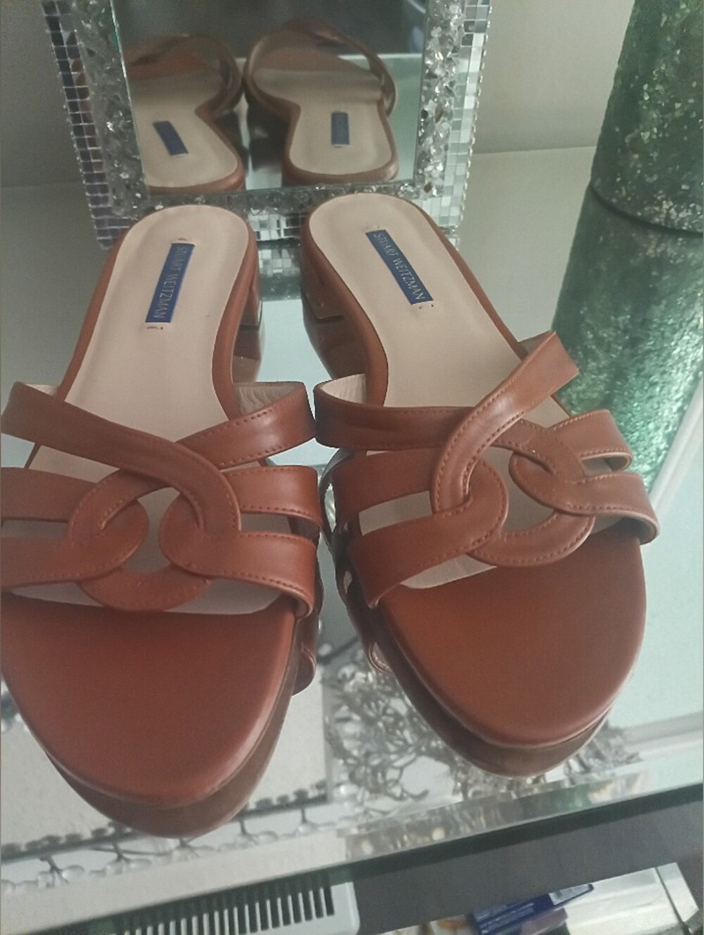 Stuart Weitzman Brown Leather Knot-Detail Slide Mules